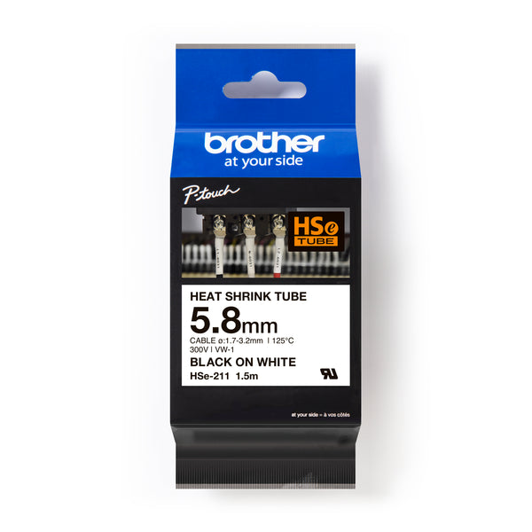 Brother HSE211 Heat Shrink Tubing - 5.8mm Black on White - Labelzone