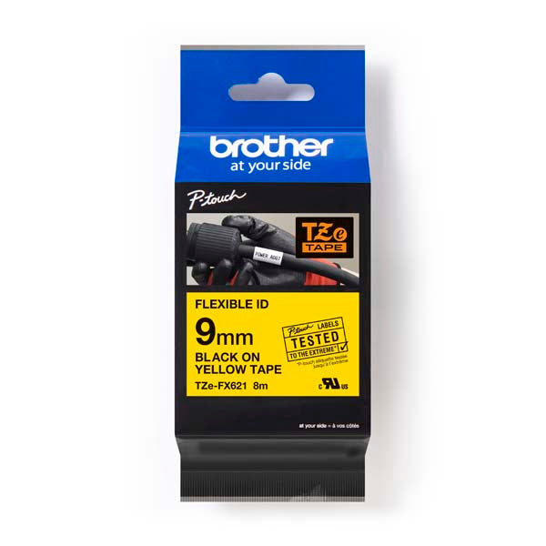 Brother TZ-FX621 - 9mm Black on Yellow Flexi Tape - Labelzone