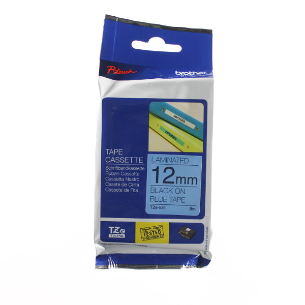 Brother TZ-531 - 12mm Black on Blue Laminated Tape - Labelzone