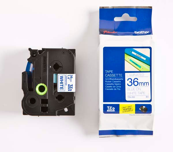 Brother TZ-263 - 36mm Blue on White Laminated Tape - Labelzone